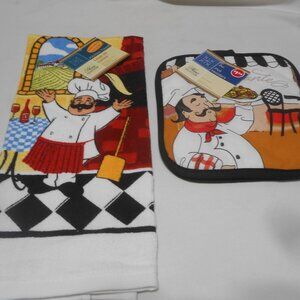 NEW LOT HOME COLLECTION FAT ITALIAN CHEF DESIGN LINENS TOWEL & POTHOLDERS SET 🎁